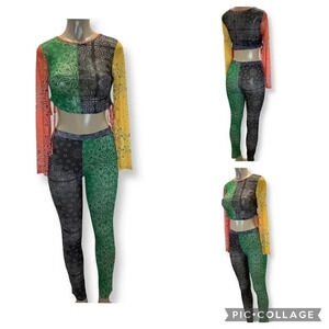 Carmin Bandana Print Mesh Side Ties Crop Top & Matching Elastic Waist Pants New